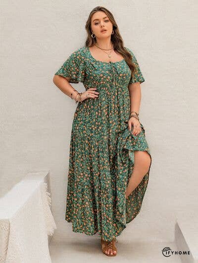 Plus Size Printed Short Sleeve Tiered Maxi Dress | IFYHOME
