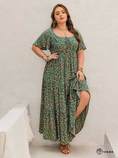 Plus Size Printed Short Sleeve Tiered Maxi Dress | IFYHOME