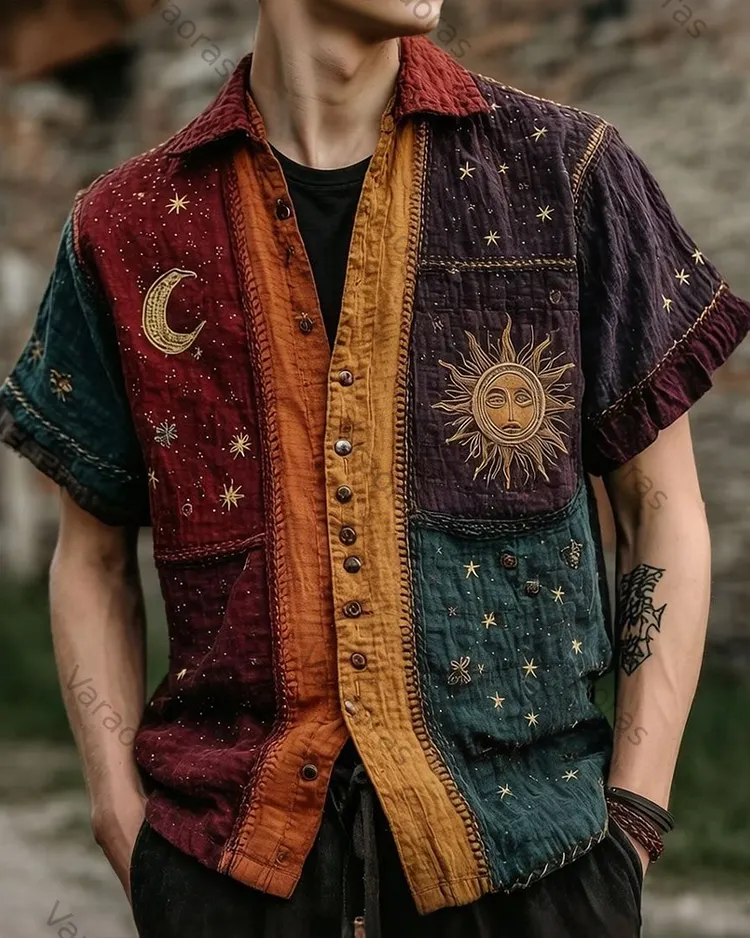 Men's Summer Fashion Rainbow-Colored Star and Moon Embroidered Linen Short-Sleeve Top 3558