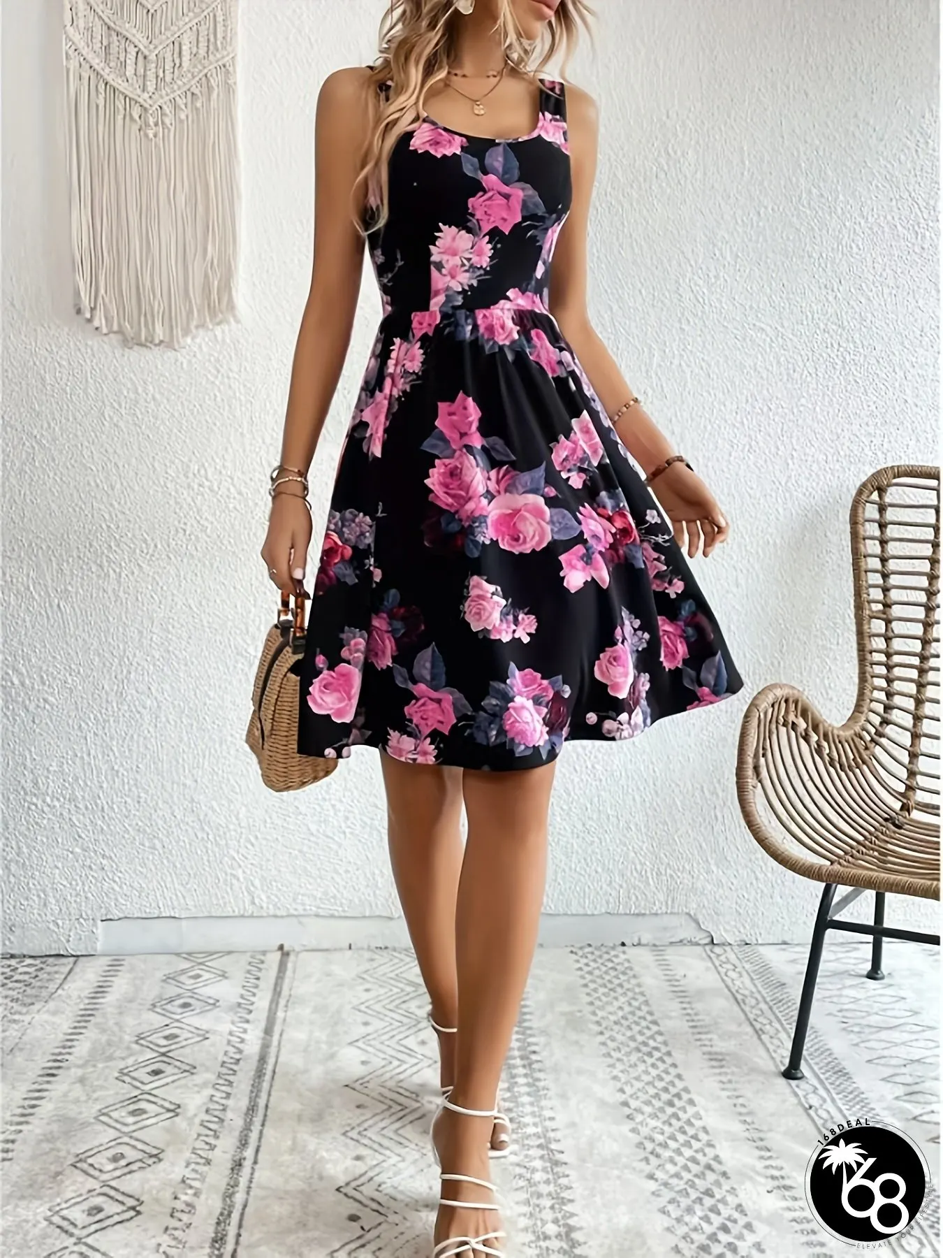 Elegant Black Pink Rose Print Sleeveless A-Line Dress Perfect for Summer Beach Vacations | 168DEAL