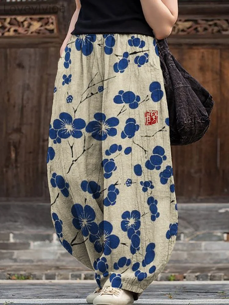 Cherry Blossom Japanese Lino Art Flowy Wide Leg Pants