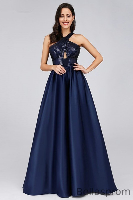 Bellasprom Navy Sequins Prom Dress Long A-Line Evening Gowns Halter Bellasprom