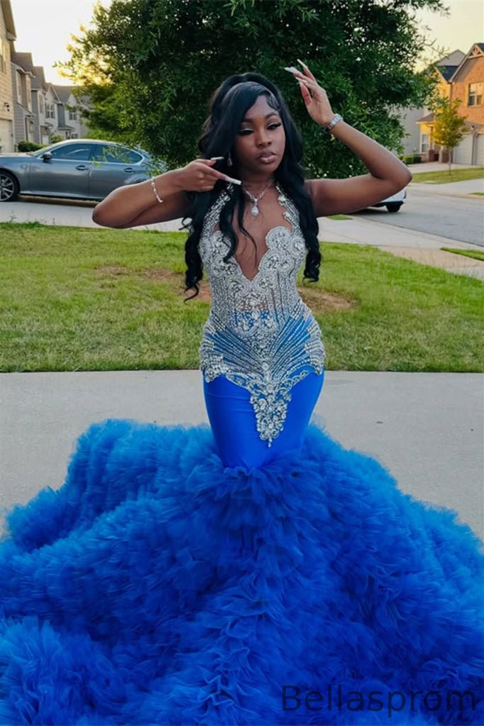 Bellasprom Royal Blue Mermaid Sleeveless Prom Dress With Beadings Tulle Ruffles Bellasprom