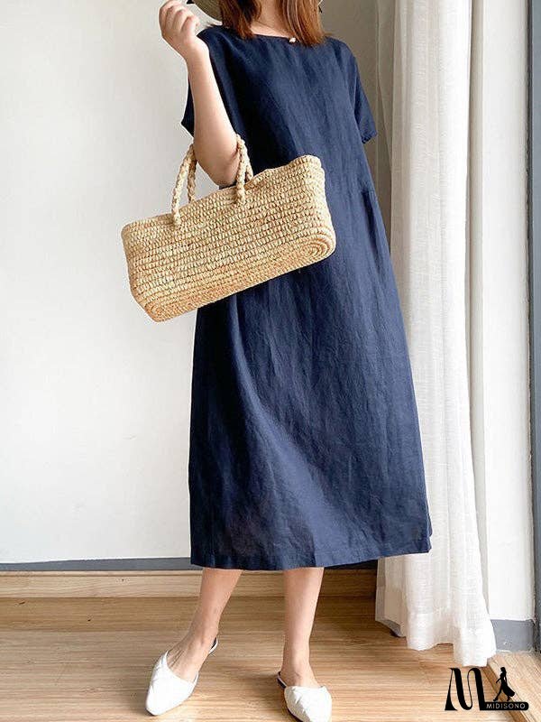 Casual Loose Solid Color Round-Neck Midi Dresses