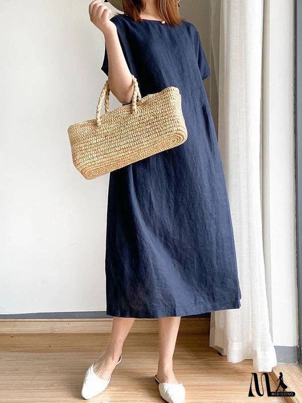 Casual Loose Solid Color Round-Neck Midi Dresses