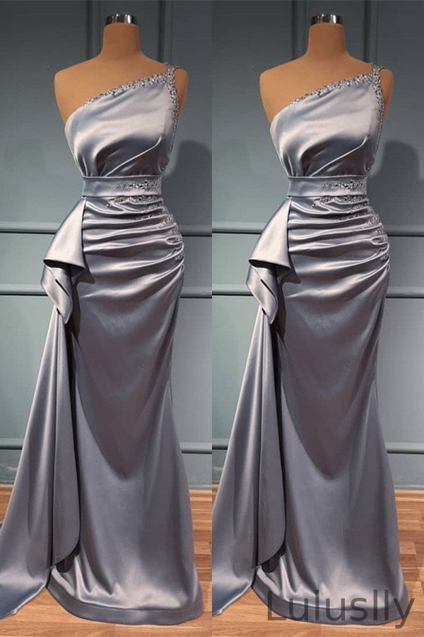 Luluslly One Shoulder Silver Mermaid Prom Dress Long With Beads