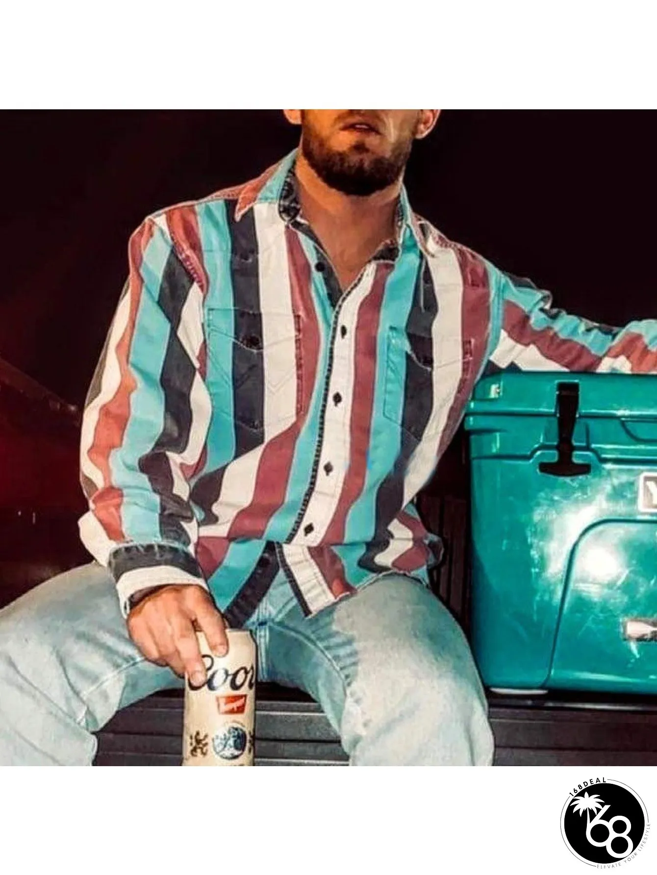 Mens Vintage Striped Casual Shirt Turquoise Blue Burgundy Red Button-Up Loose Fit Long | 168DEAL
