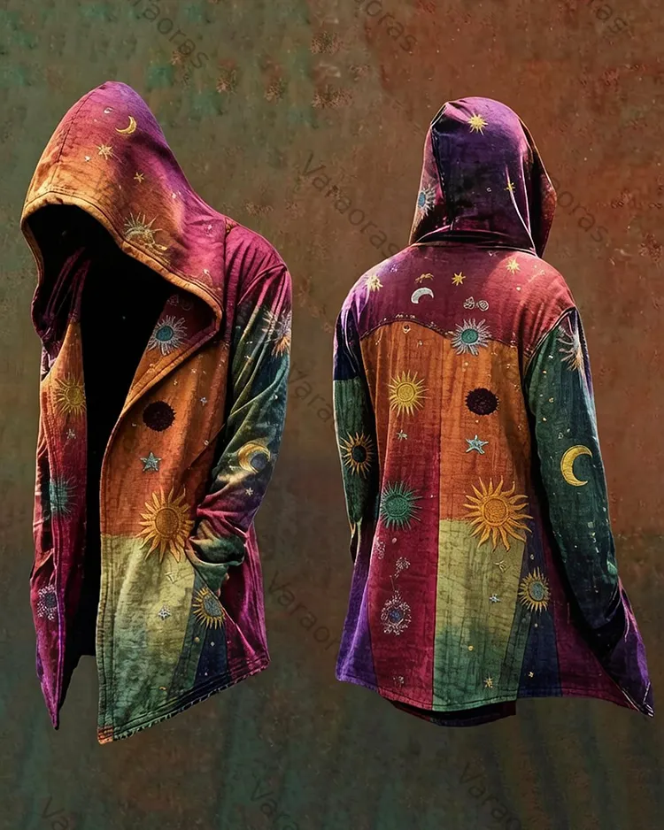 Men's Summer Fashion Hippie Style Star and Moon Print Linen Hooded Cape 4290