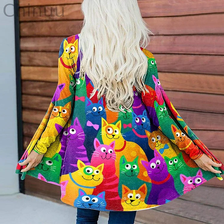 Contrast Cat Print Casual Cardigan