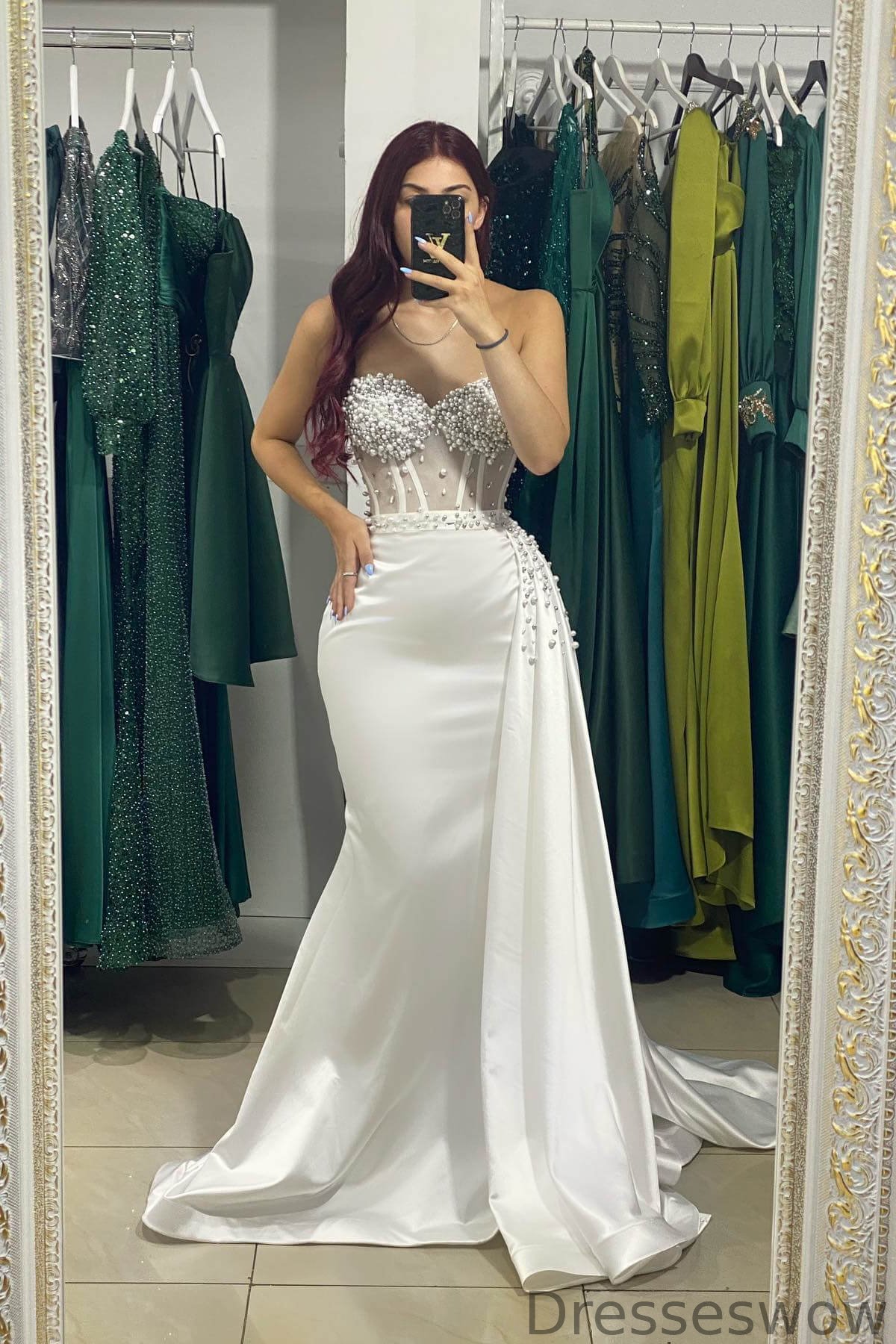 Dresseswow White Sweetheart Sleeveless Mermaid Evening Gowns Pearls With Ruffles