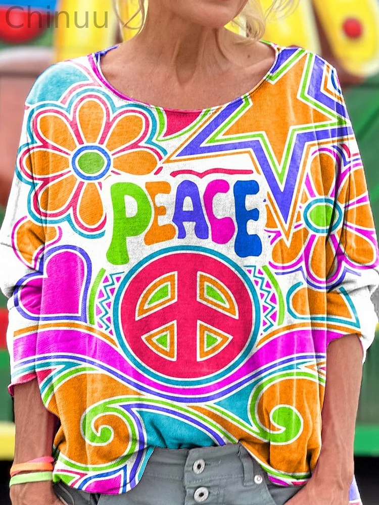 Hippie Peace Print Loose Round Neck Women's Long Sleeve T-Shirt