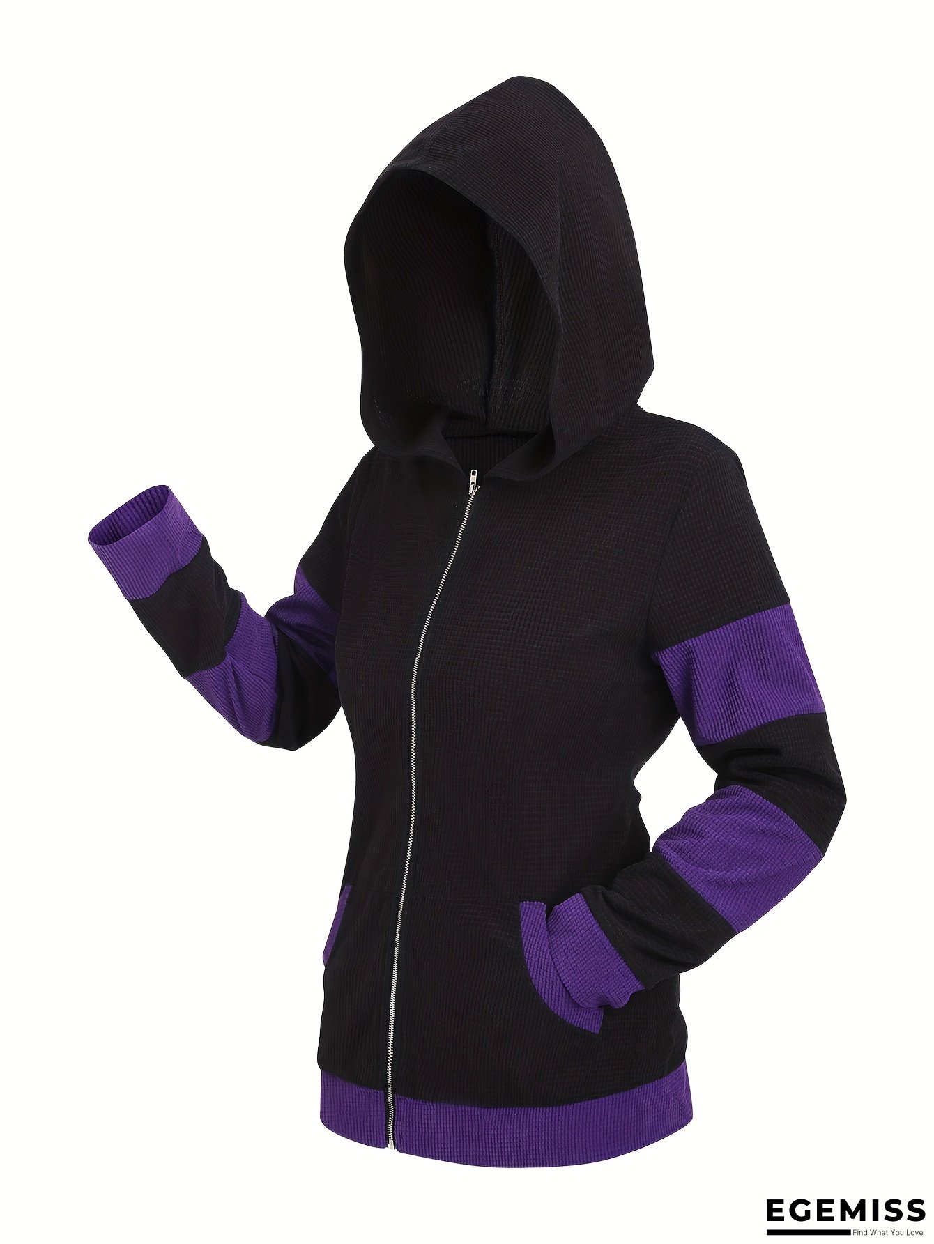 Women's Full-Zip Hooded Jacket with Full-Zip Closure & Pockets - Black & Purple Colorblock Full-Zip Outerwear, Full-Length Zipper Front, Machine Washable Winter Coat for Fall and Winter | EGEMISS