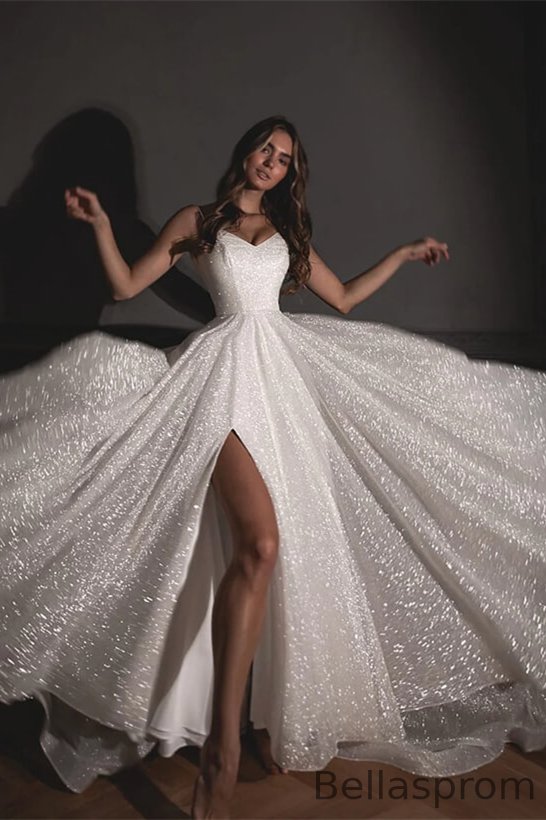 Bellasprom Spaghetti-Straps Sequins Sleeveless Wedding Dress Long With Split Bellasprom