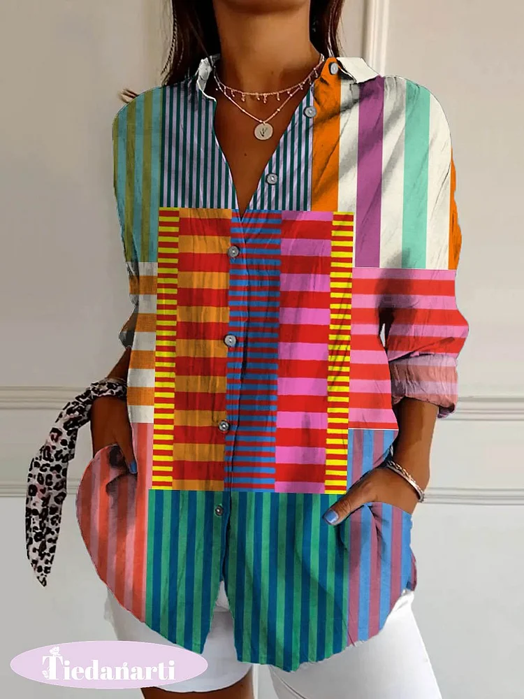 Women's Abstract Geometric Pattern Art Print Casual Cotton Shirt