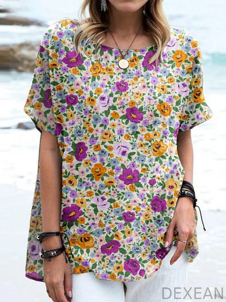 Women's Elegant Floral Printed Cotton and Linen Top