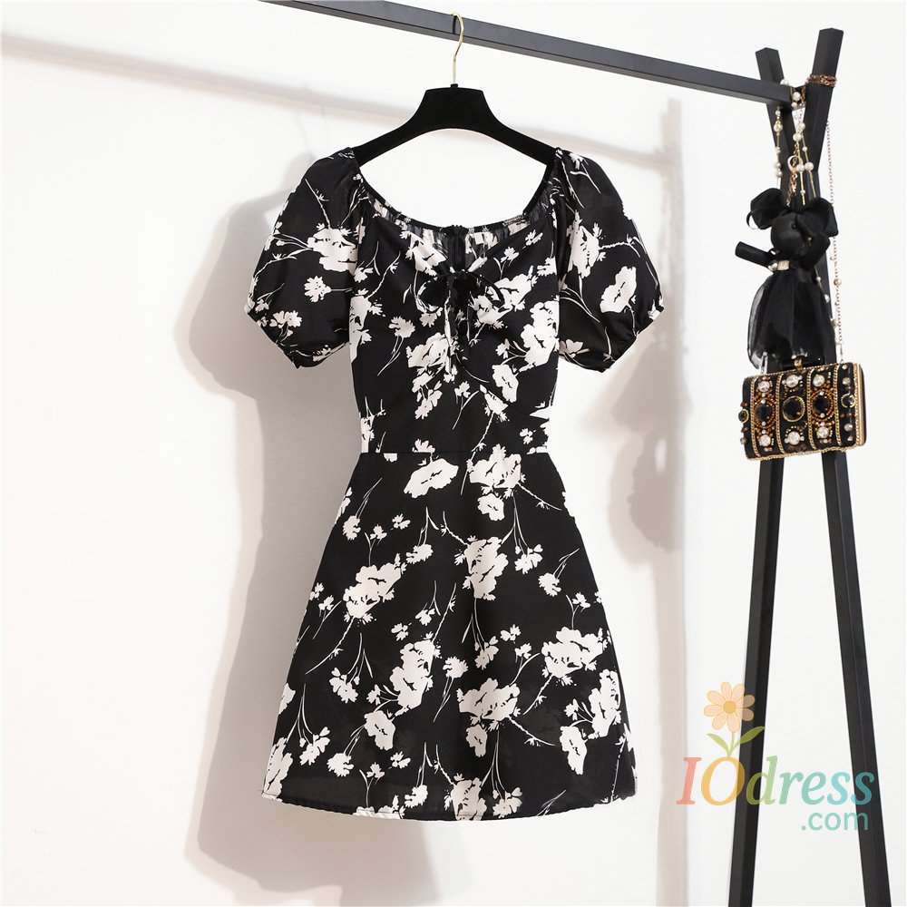 IO Dress Women Chiffon Mini Dresses Summer Fashion Female Vestidos Skinny Print Floral Shirring Pleated Short Puffy Sleeve Casual Dress
