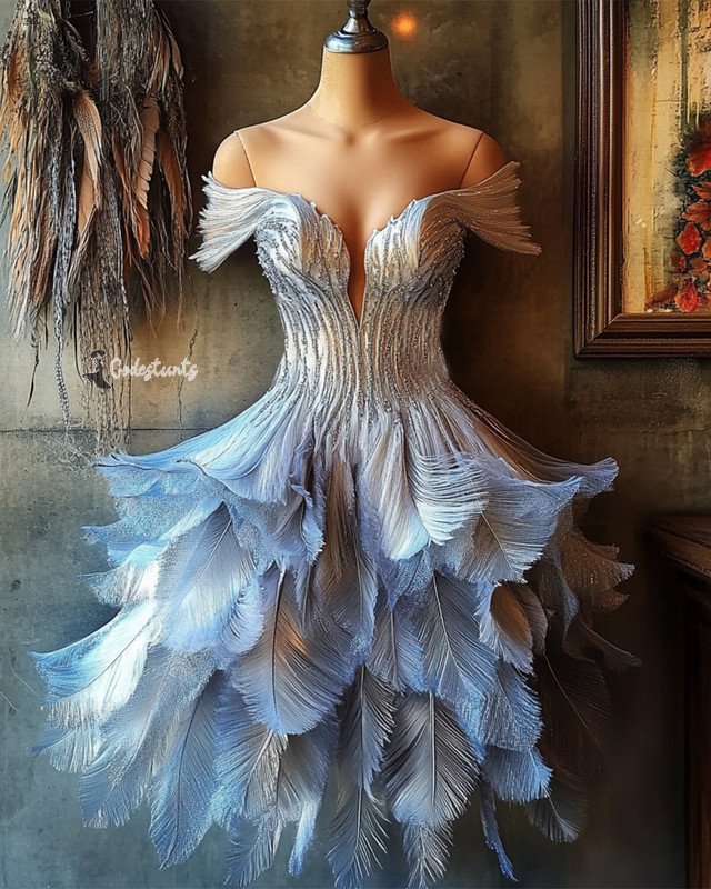 Summer fashion trendy feather theme print irregular multi-layer dress 1ce3