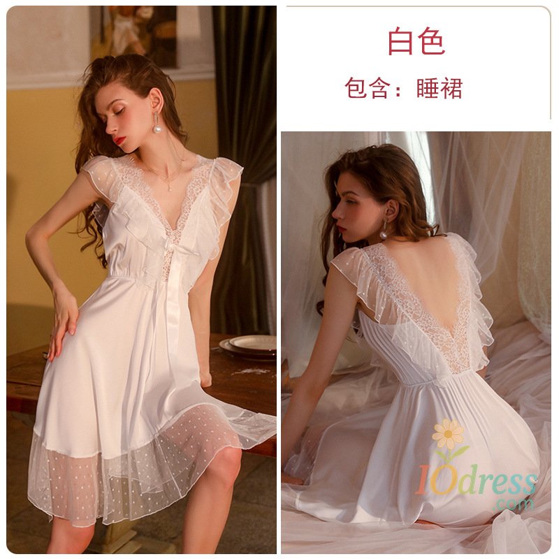 IO Dress Evening Pajamas Sexy Sleepwear Pure Flounces Ice Silk Lace Nightdress Night Gown Women Nightwear Nighty for Ladies Sleep Dress