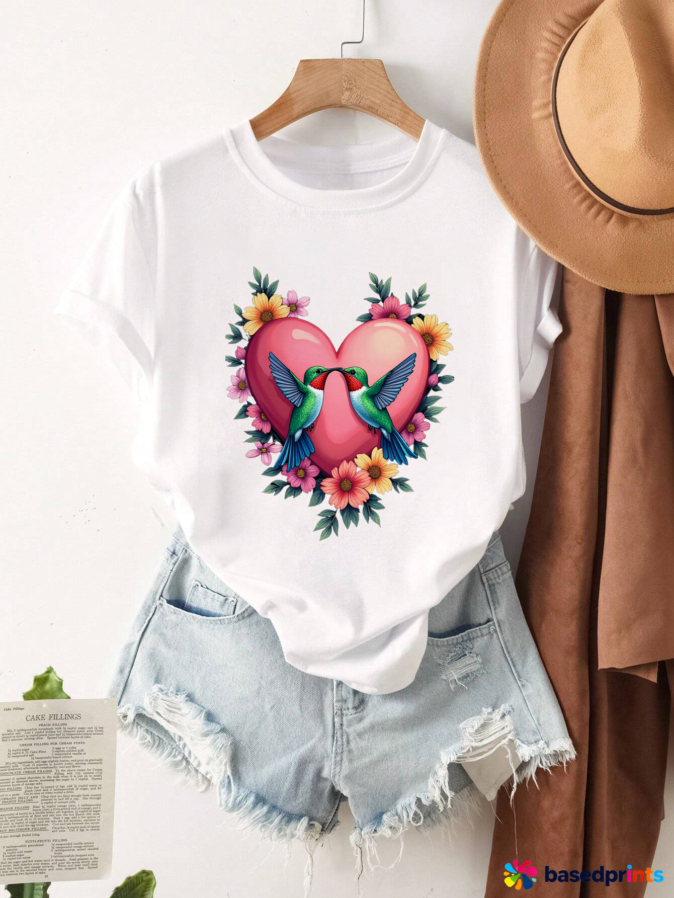 White Love Birds Heart T-Shirt Women Summer Casual Short Sleeve Tops