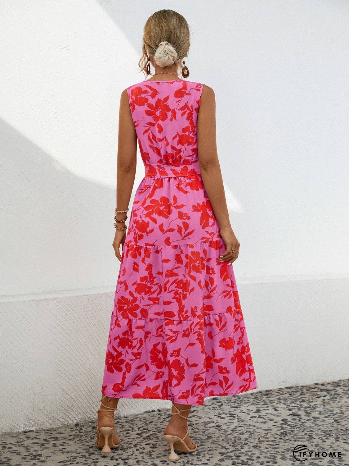 Tied Printed Surplice Tiered Dress | IFYHOME