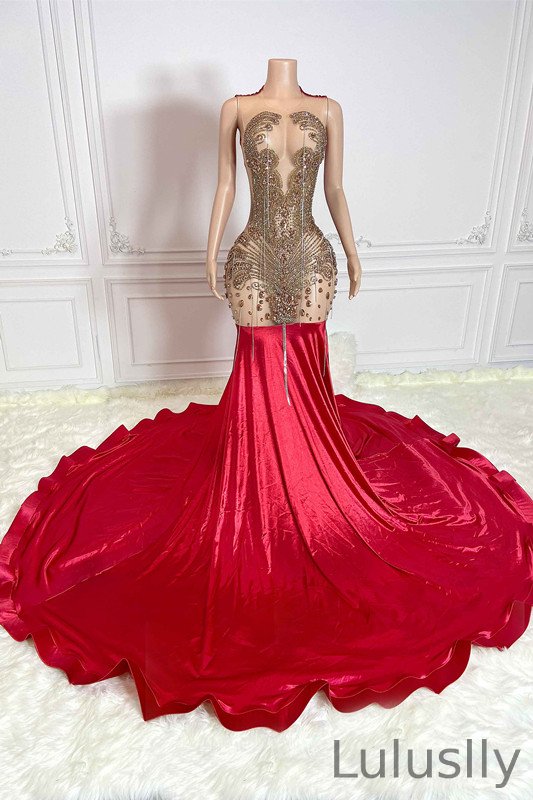 Luluslly Scoop Sleeveless Red Evening Gown Mermaid With Beadings Crystals