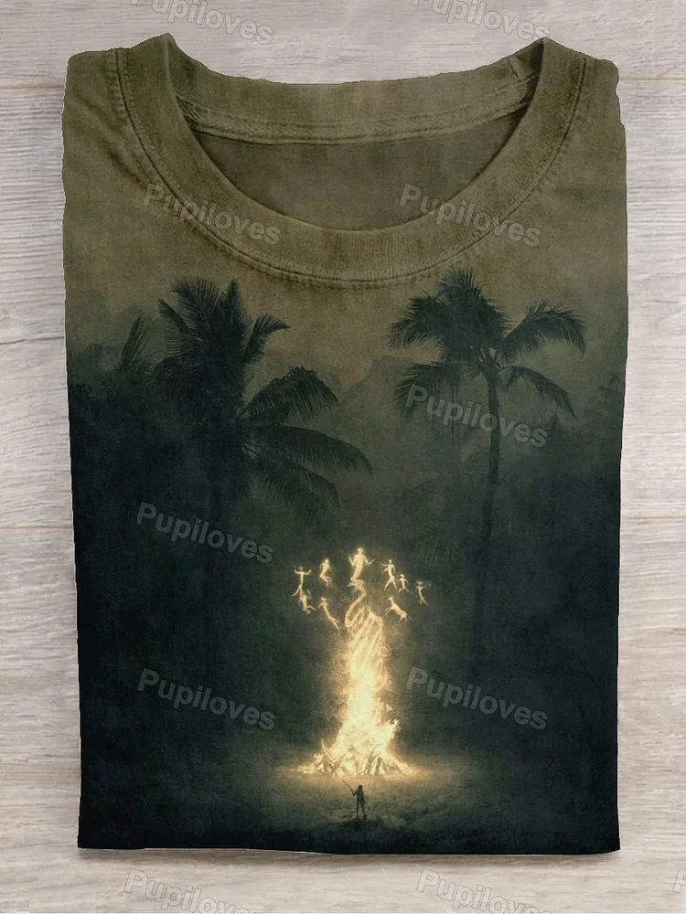 Pupiloves Pupiloves  Unisex Bonfire Ritual Art Print Crew Neck Short Sleeve T-Shirt
