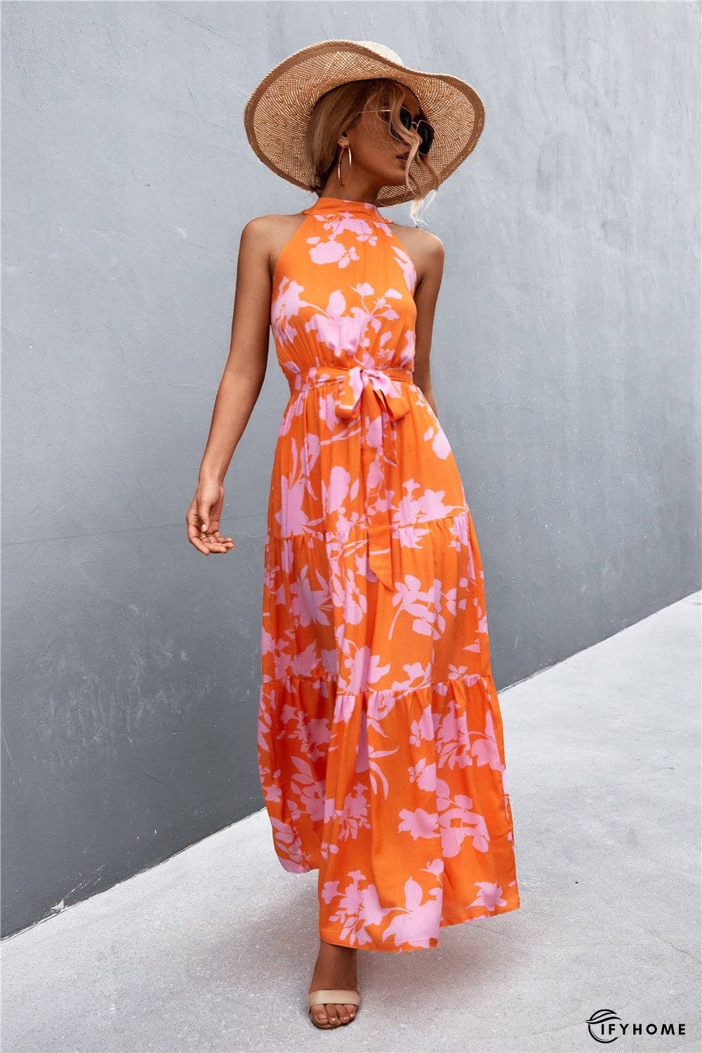 Printed Sleeveless Tie Waist Maxi Dress | IFYHOME