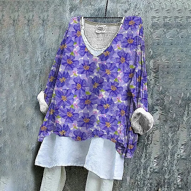 Women's Purple Floral Print Casual Loose Tunic