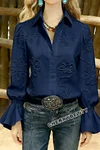 Elegant Textured Flower Bell Sleeve Button Up Blouse