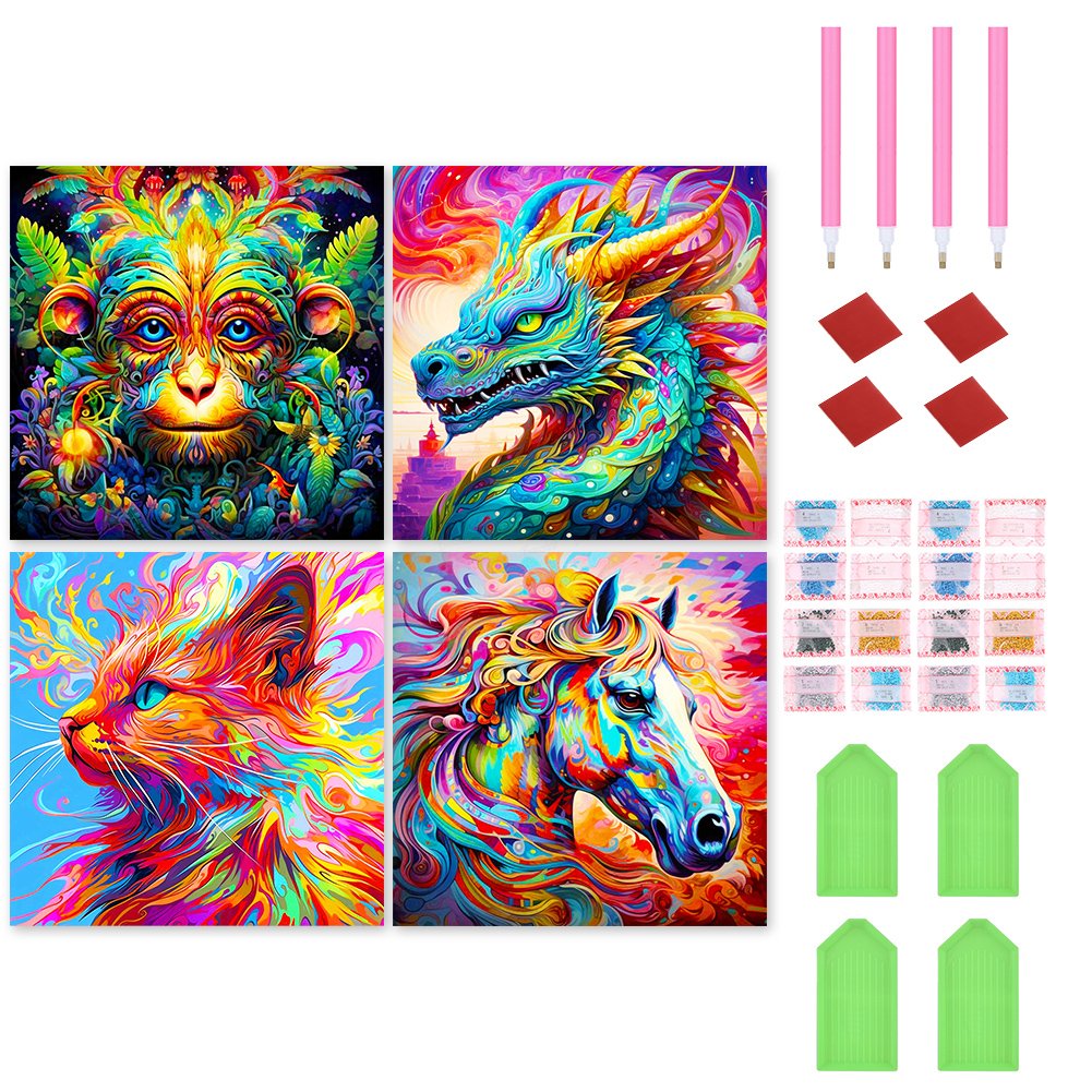4pcs Diamond Painting Set - colorful monkey cat dragon horse (30*30CM)  ARY