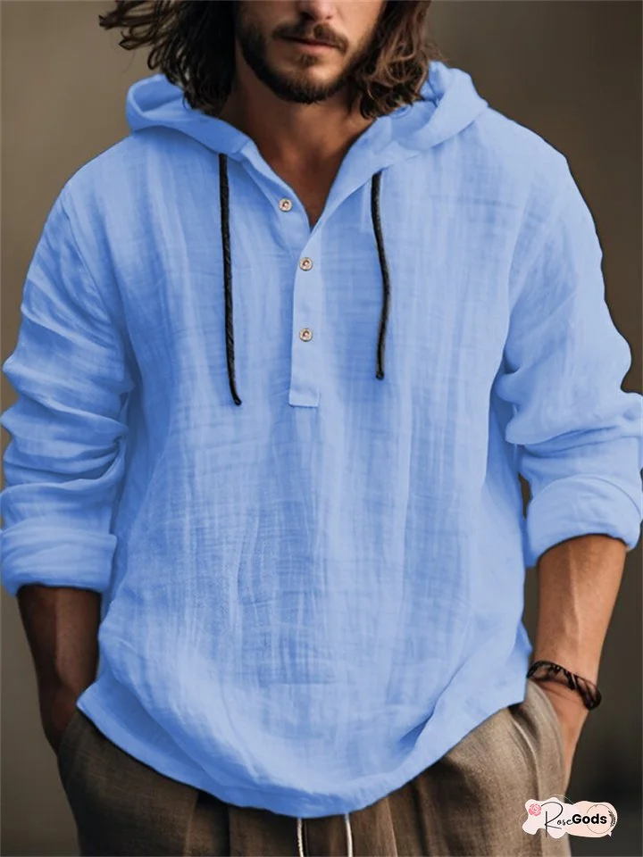 New Solid Color Cotton Linen Shirt Hooded Sweater Long-sleeved Autumn Casual Daily Wear Pop Men's Clothing