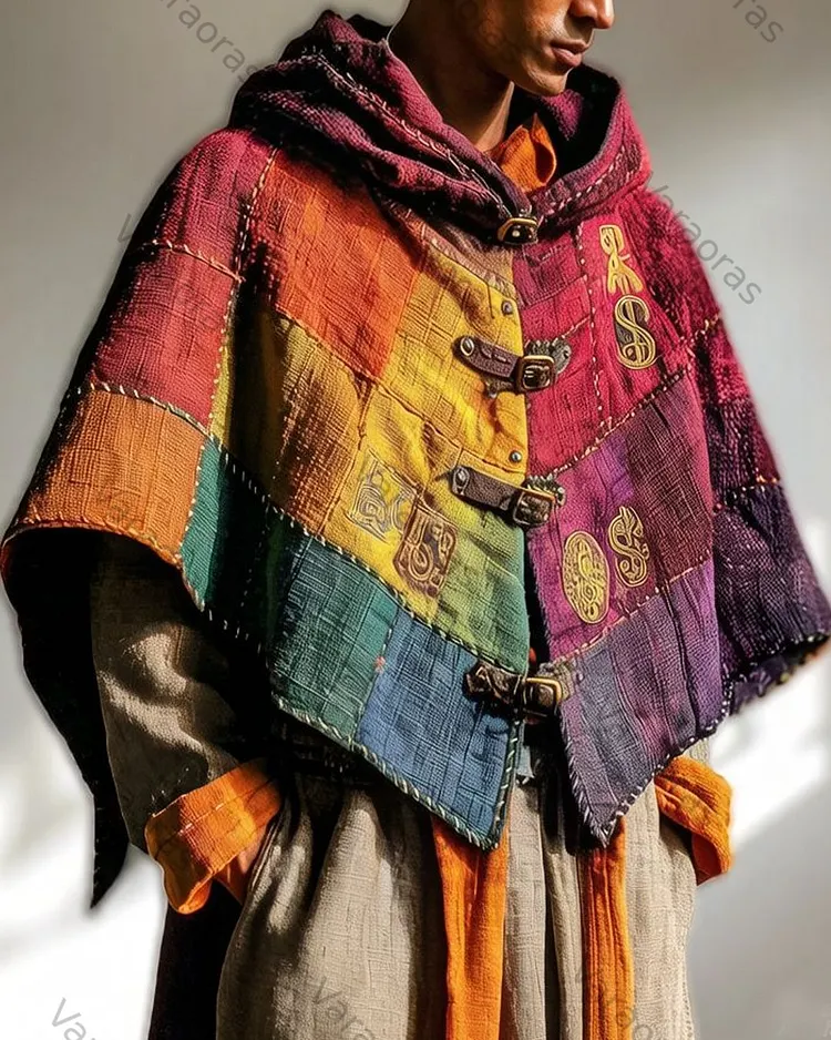 Men's Original Fashionable Comfortable Rainbow-Colored Star and Moon Print Embroidery Hand-stitched Cotton Linen Cape  5348