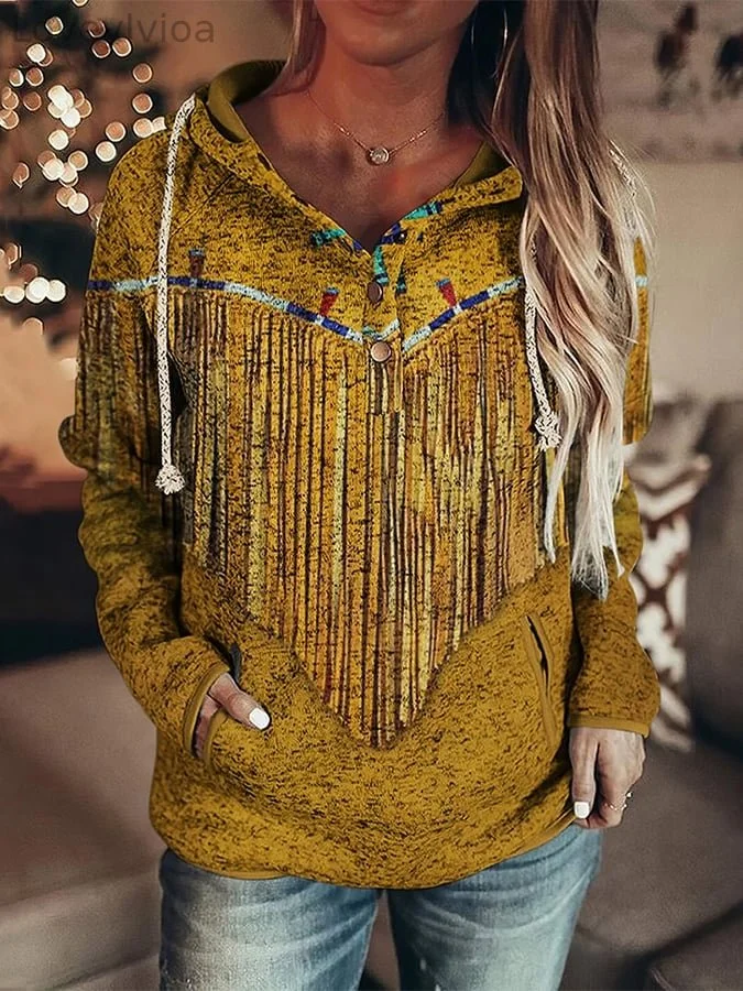 Vintage Western Fringe Print Button Sweatshirt