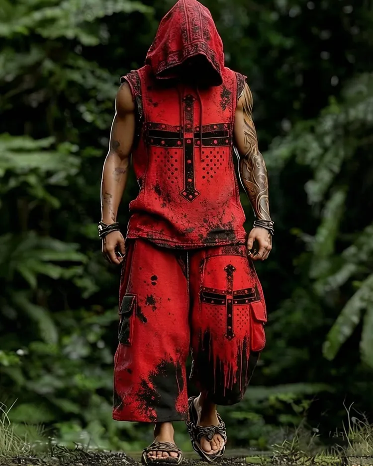 Men's Fashion Viking Contrast Color Embroidered Hoodie & Pants Two-Piece Set 7804