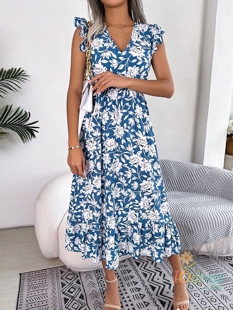 IO Dress Summer Floral Midi Dresses For Women Casual Sleeveless Ruffle Holiday Beach Dress Fashion White V Neck New In Dresses 2023 IO Dress