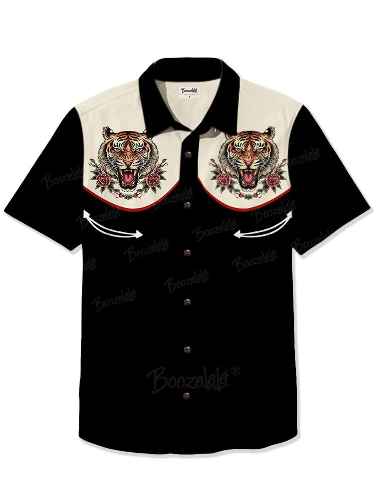 Men's Retro tattoo Tiger Print 100% Cotton Shirt