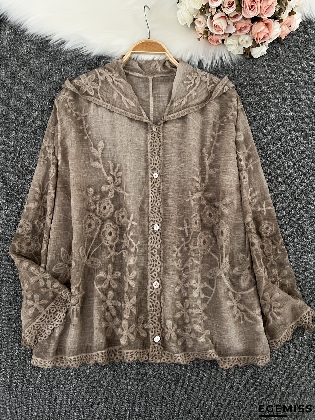 [Korean Embroidered Shirt] Korean Style Embroidered Hooded Long Sleeve Shirt | 2025 Spring-Summer for Women | EGEMISS