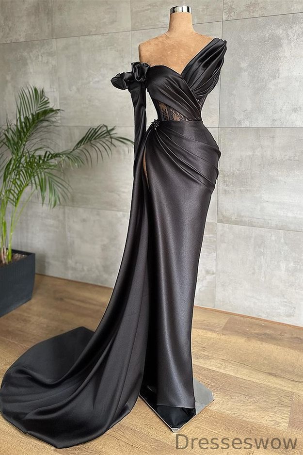 Dresseswow Black Long Sleeves Mermaid Prom Dress Pleated With Split