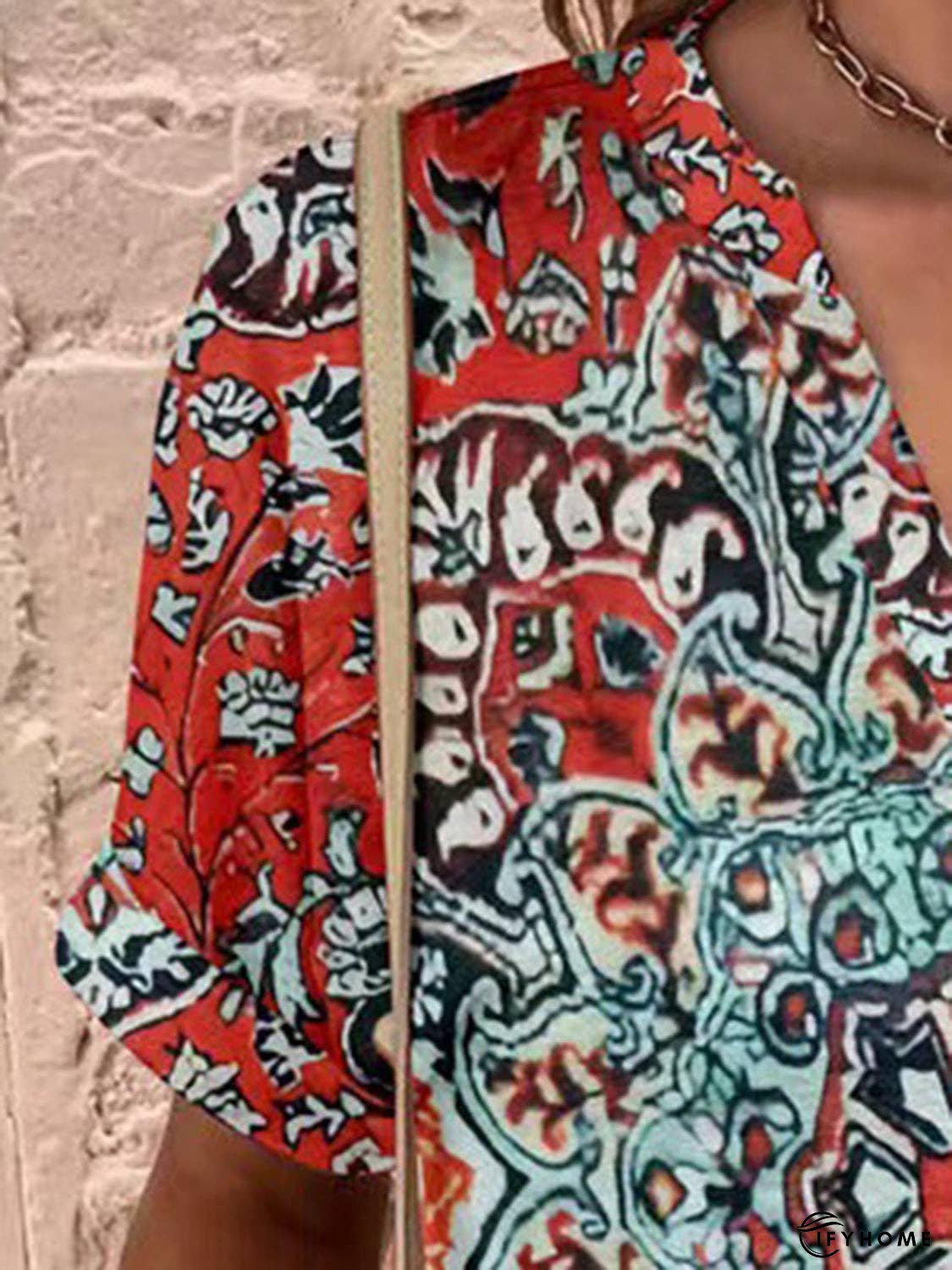 Full Size Printed Notched Short Sleeve Blouse | IFYHOME