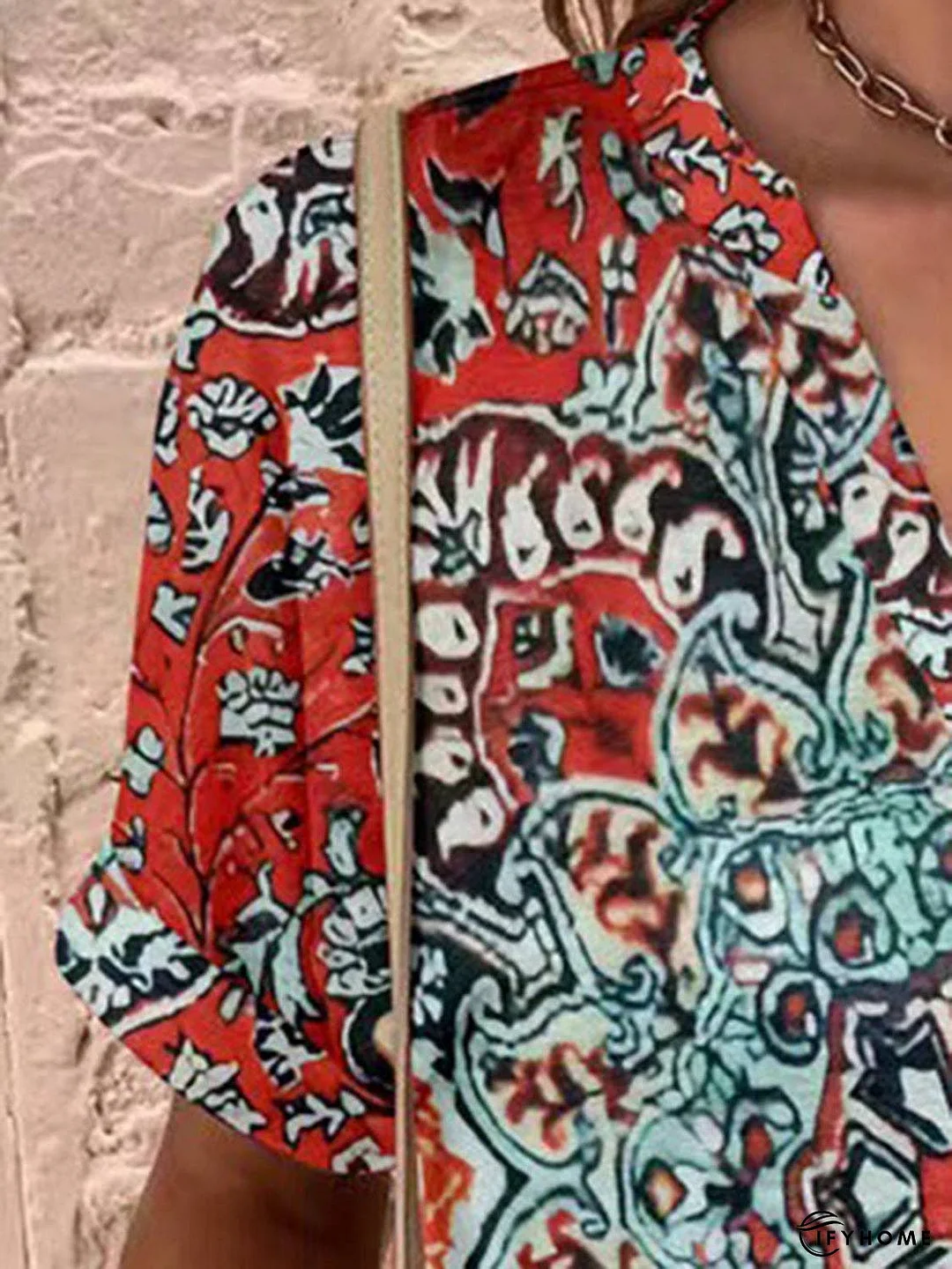 Full Size Printed Notched Short Sleeve Blouse | IFYHOME