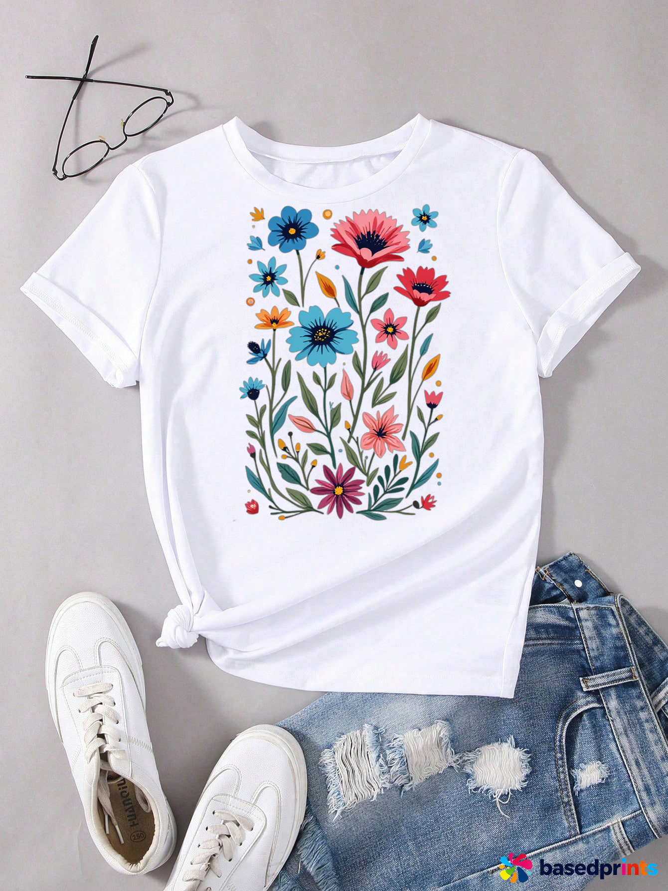 White Floral Print T-Shirt Women Short Sleeve Casual Tops