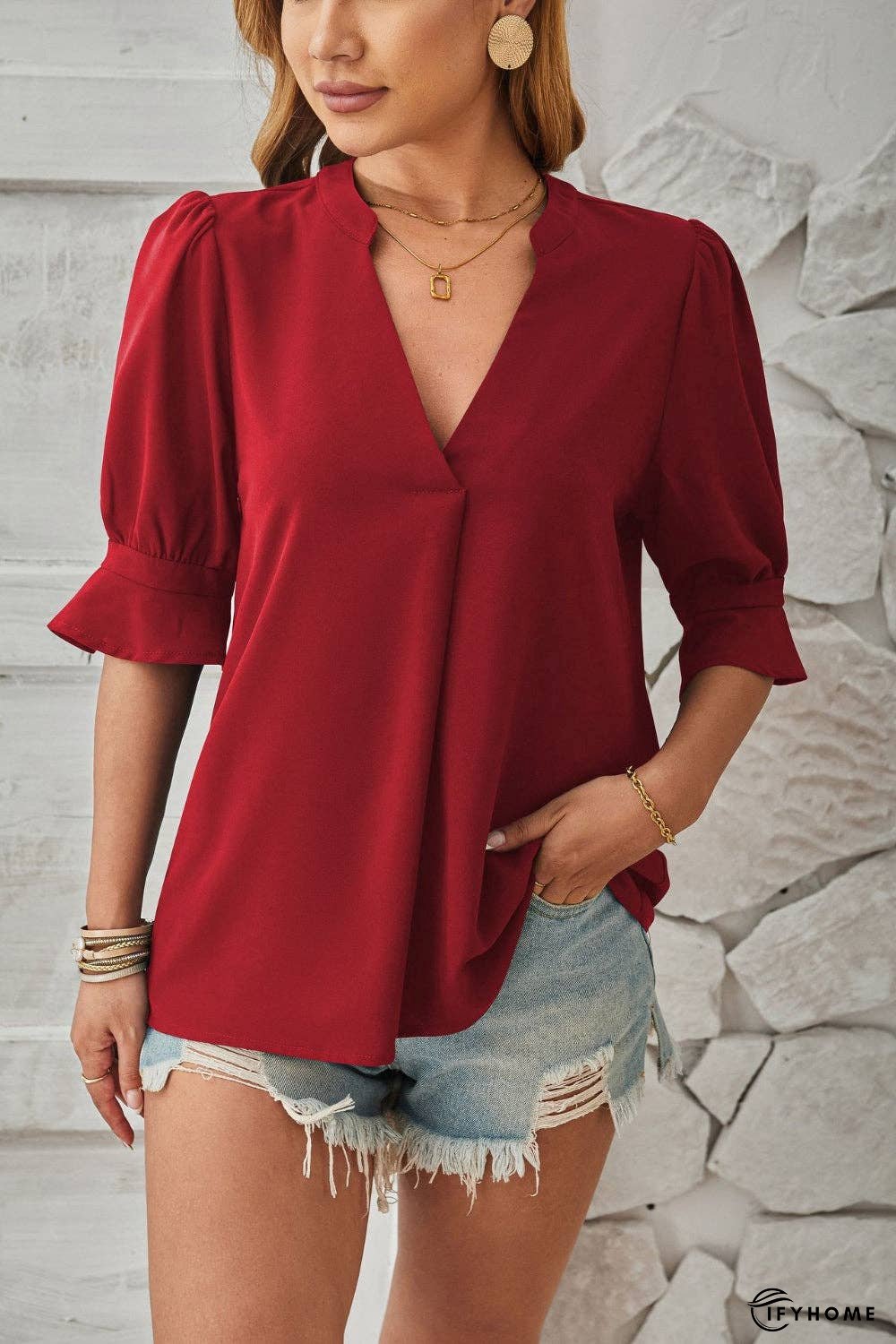 Notched Half Sleeve Blouse | IFYHOME