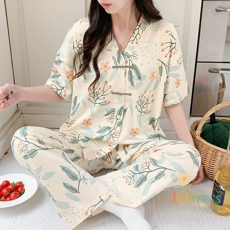 IO Dress Pigma For Women Cotton Pajama Sleepwear Big Size Pajamas Nightwear Summer Women's Short Sleeved Long Pants Cardigan Pajama Set