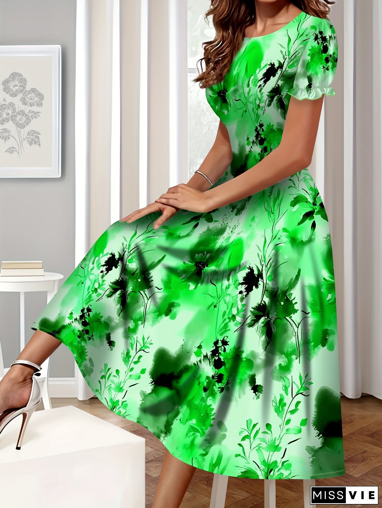 Women's Elegant Floral Print Maxi Dress, Spring/Summer Vacation Style, Crew Neck, Lantern Short Sleeves, Loose Fit, Polyester 95% Elastane 5%, Breathable Knit Fabric, All Over Tropical Tribal Tie Dye Pattern, Flared Hem