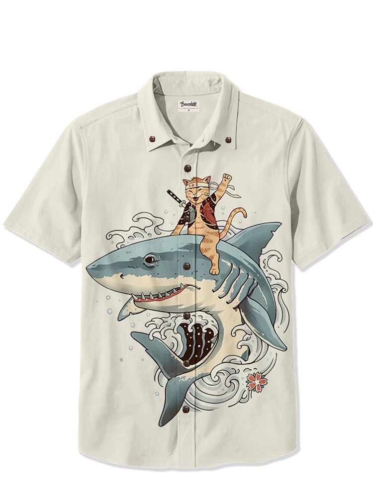 Warrior Cat Riding A Shark - 100% Cotton Shirt