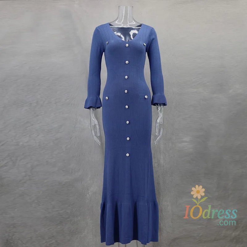IO Dress Women's Metal Button Solid Knit Long Dresses Elegant Pleated Long Sleeves Bodycon Vestido  New Chic Summer High Street Robes