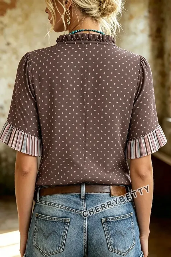 Casual Polka Dot Print V-Neck Striped Ruffle Sleeve Blouse