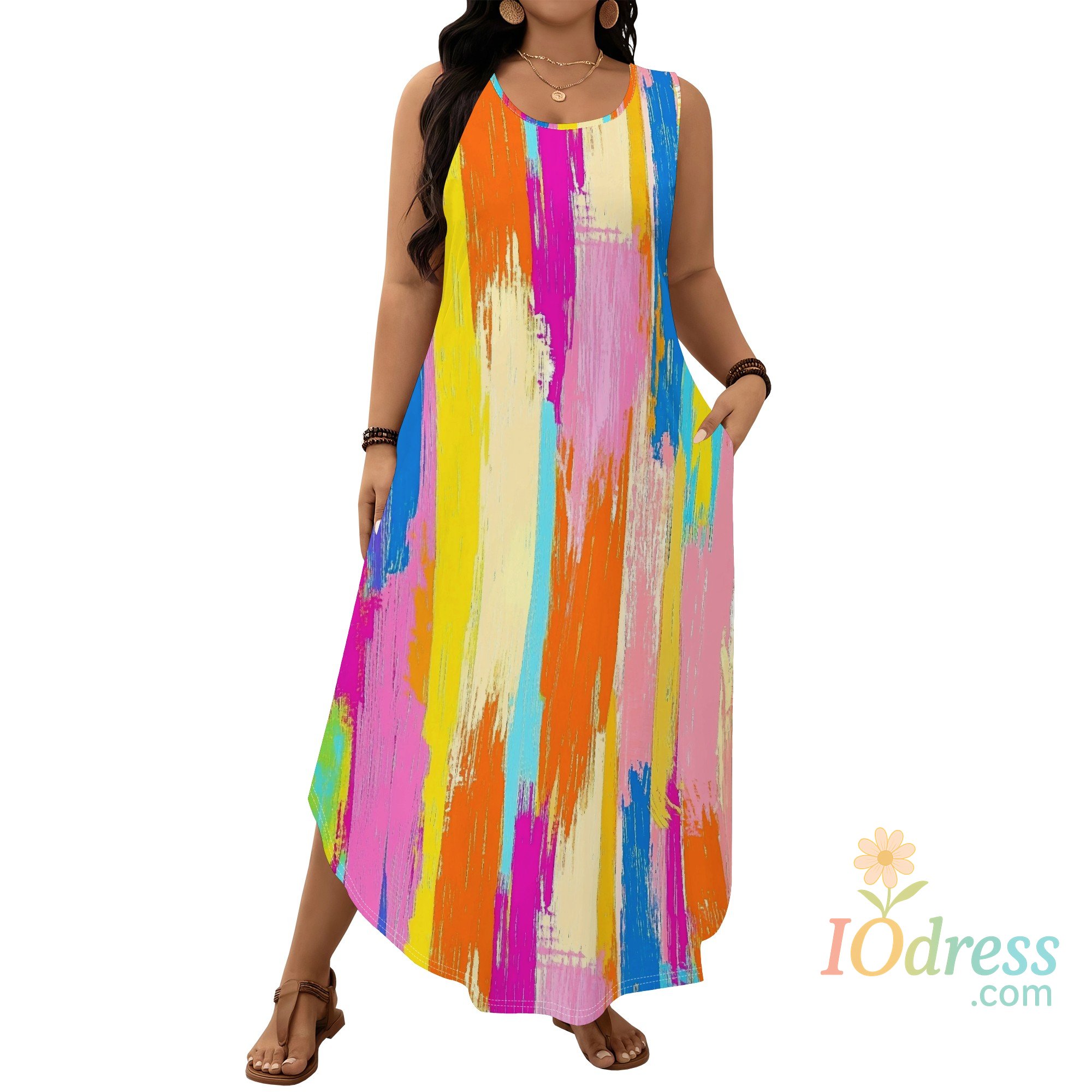IO Dress Plus Size Brushstroke Print Maxi Dress XL-6XL Earth Tone Sleeveless Style for Autumn Brunch, Art Walk or Everyday Look IO Dress Store