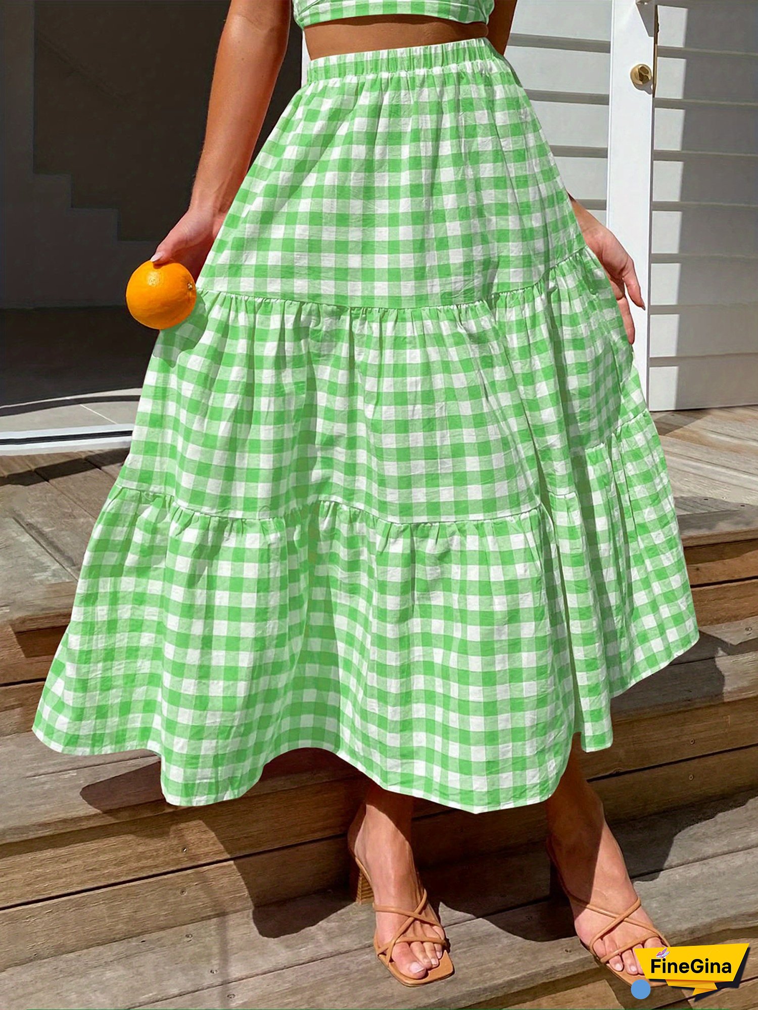 Women‘s Summer High Waist Skirt Solid Color/Plaid Long Skirt for Travel, Beach, Shopping