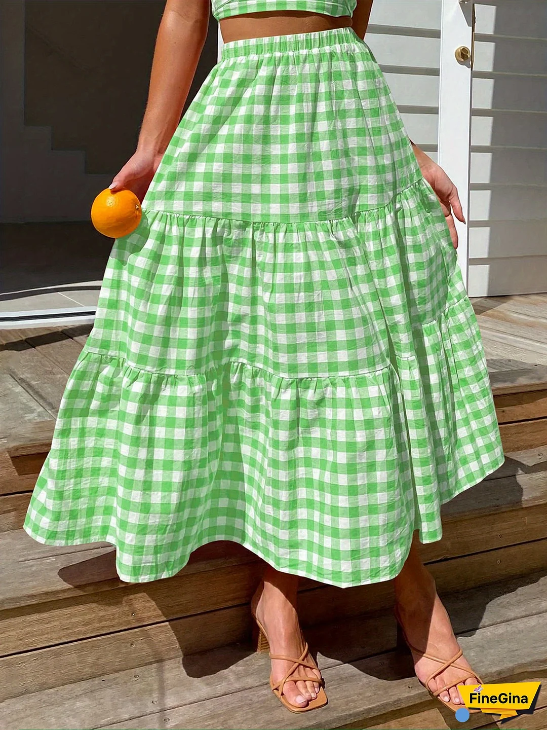 Women‘s Summer High Waist Skirt Solid Color/Plaid Long Skirt for Travel, Beach, Shopping